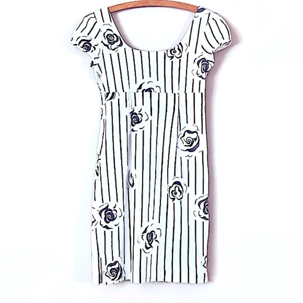 Sz 6 Stretchy Empire Waist Off White & Brown Stripes & Roses Mini Dress